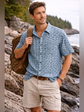 L.L. Bean Tropical Fish Button Down Shirt | Blue Hawaiian Camp Shirt